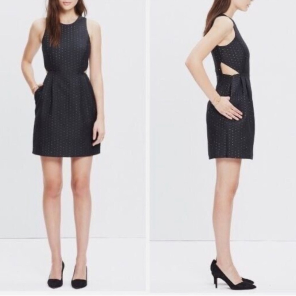 Madewell Nightfall Jacquard Side Cut Out Black Mini Dress with Gold Zipper SZ 6
